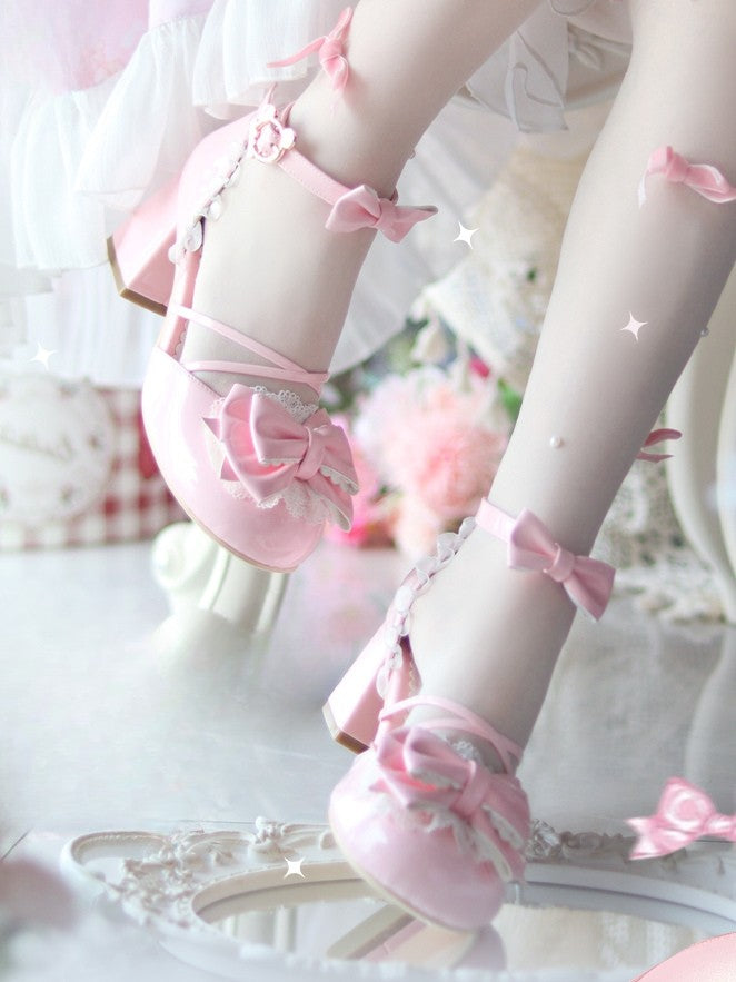 with PU Details Leather Lolita Sweet Bow - Shoes Pink