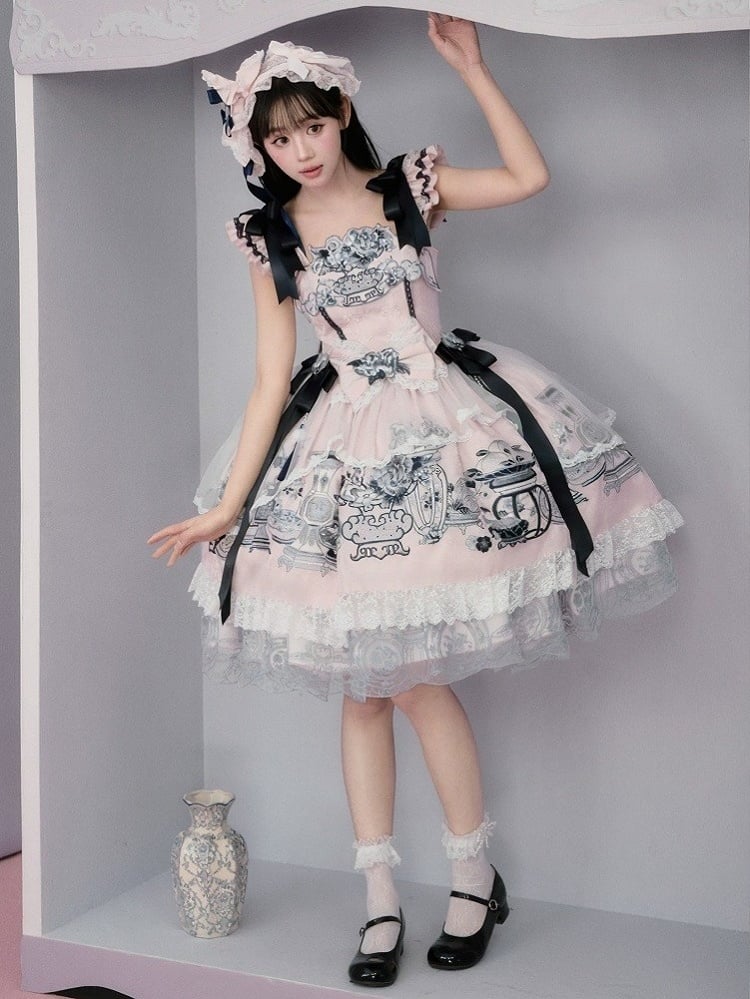 Elegant Pink Porcelain Lolita JSK with Flutter Sleeves & Floral Embroidery - Yimu Walnut