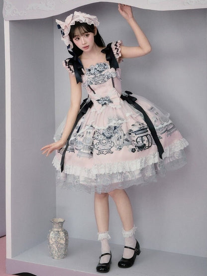 Elegant Pink Porcelain Lolita JSK with Flutter Sleeves & Floral Embroidery - Yimu Walnut