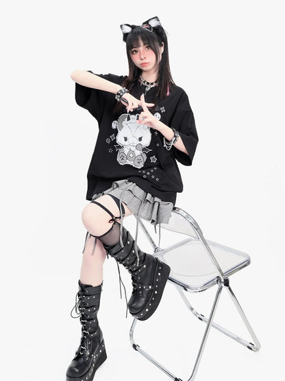 ブラック イービル キティ プリント Tシャツ