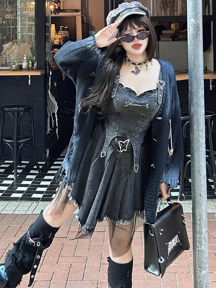 Dunkelgraues Camisole-Top aus Denim mit Schnallenträgern in Übergröße