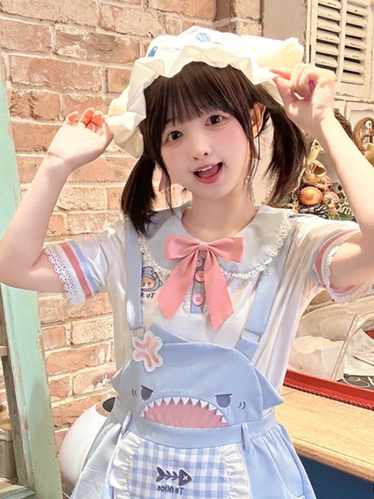 T-Shirt Bow Trim Blue  White Peter Pan Collar Embellished Lace