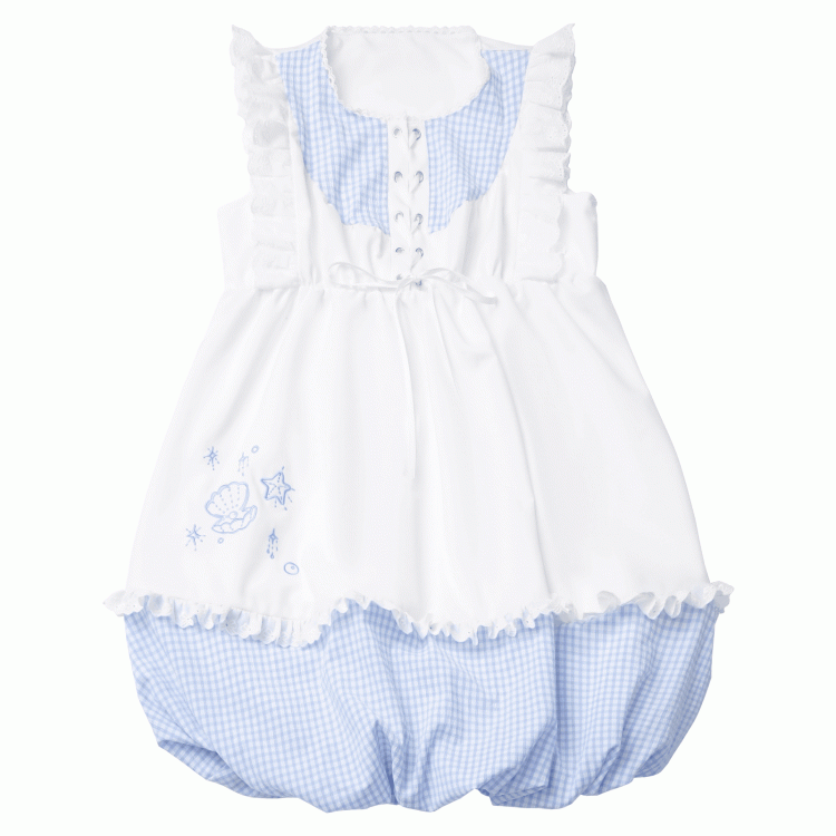 Bubble Skirt Plaid Flutter Sleeves Dress Blue Seashell and Starfish Embroidery White and
