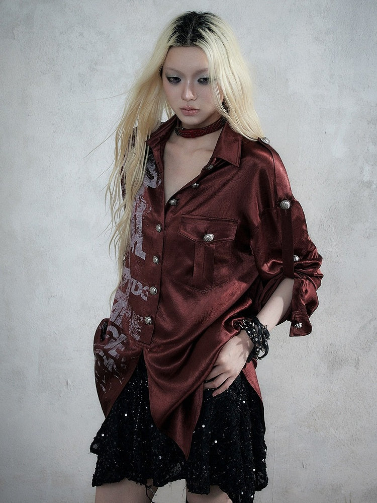 Loose-Fit Long Sleeve Tee with Wine Red Distressed Graffiti Punk Motif - NO ROMANCE