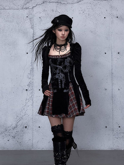 Punk Square and with Dress Studded Neckline Accents Vintage Red Black