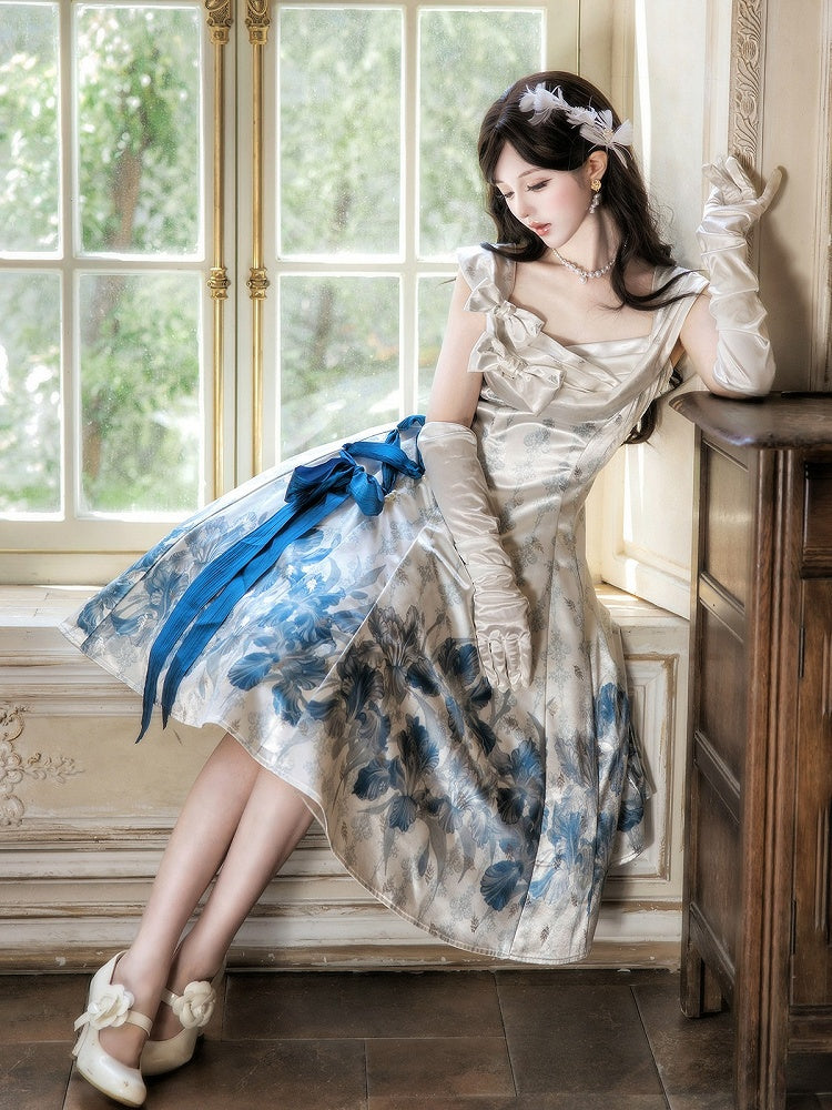 Sleeveless Satin Lolita Dress with Blue and White Floral Print and Bows - Unknown Star