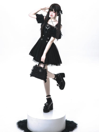 Trim Skirt Buttons Lace Sweetheart with Jirai Kei Black High Waist