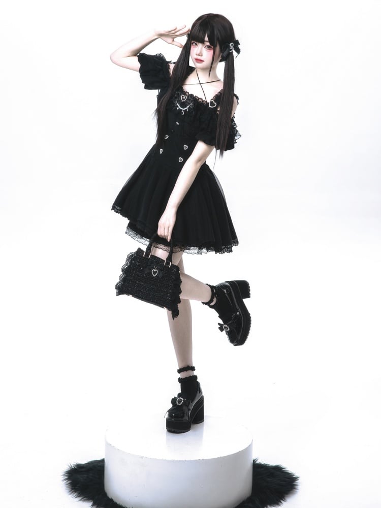 Jirai Kei Black Lace Trim Top with Off-the-shoulder Neckline