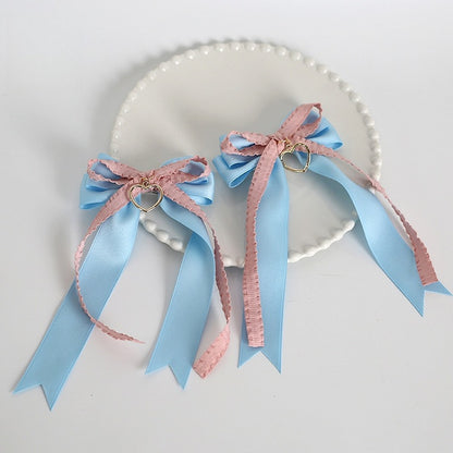Pink of Hairclips Charm Pair A Cute Blue Bowknot Heart with Ribbon Lolita