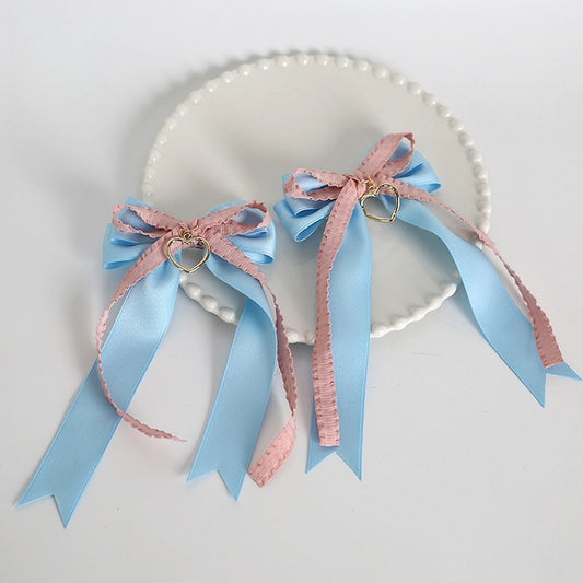 Pink of Hairclips Charm Pair A Cute Blue Bowknot Heart with Ribbon Lolita