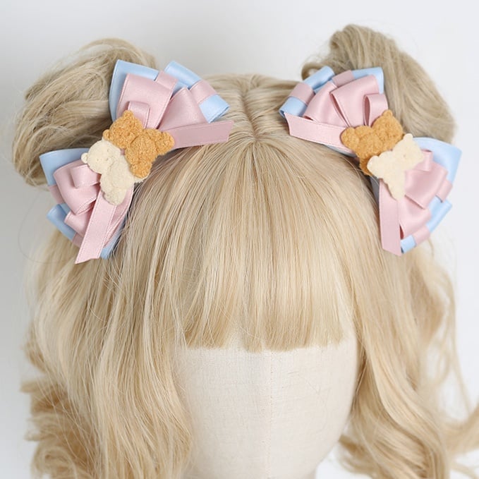With Blue Two Pink Lolita Bowknot Hairclip Cute Bear Decorations