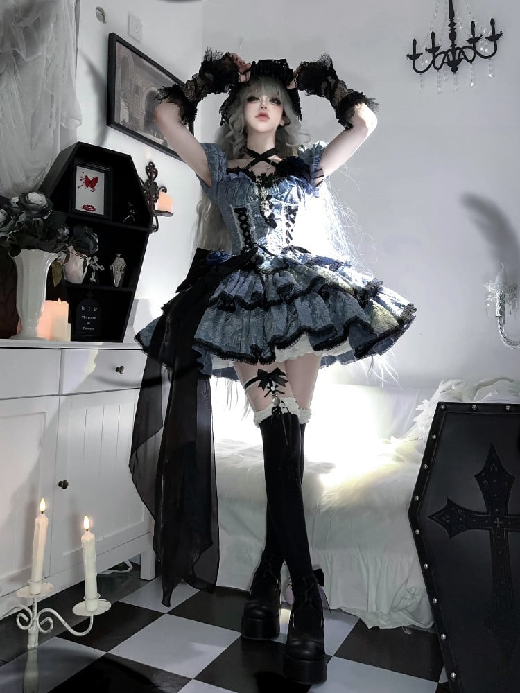 OP Floral Black Skirt Multi-Layered Lolita Dress Dark with and Blue Texture