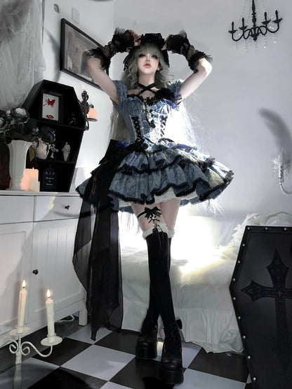 OP Floral Black Skirt Multi-Layered Lolita Dress Dark with and Blue Texture