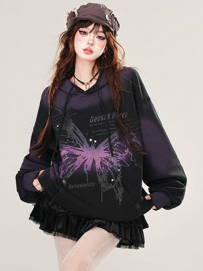 Black/Red Butterfly Tie Dye Loose Hoodie