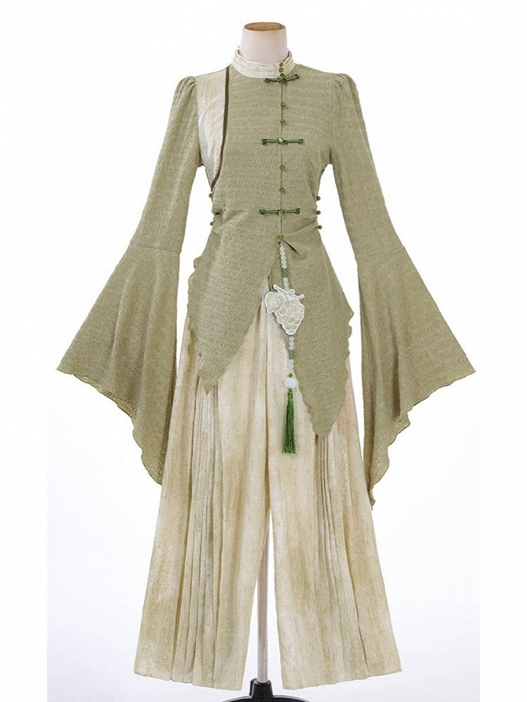 Asymmetrical Green Long-Sleeved Top with Pleated Pants Outfit, Modern Chinese Style - Han Ru Chu Hanfu &amp; Han-Element Studi