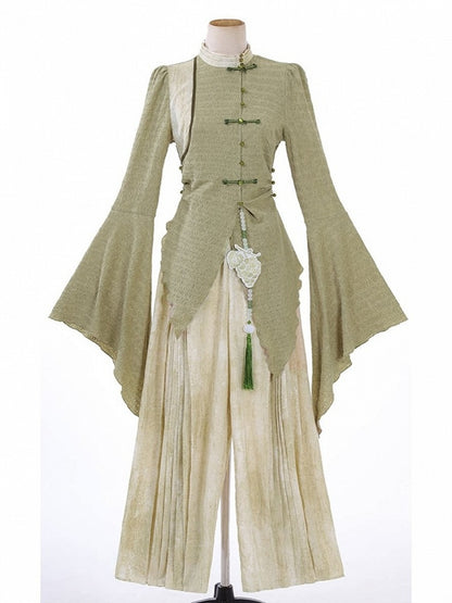 Asymmetrical Green Long-Sleeved Top with Pleated Pants Outfit, Modern Chinese Style - Han Ru Chu Hanfu &amp; Han-Element Studi