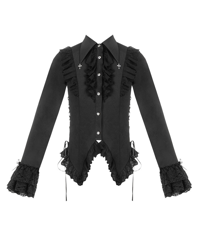 Black Lace-Trimmed Cross Charm Collar Ouji Blouse - With PUJI