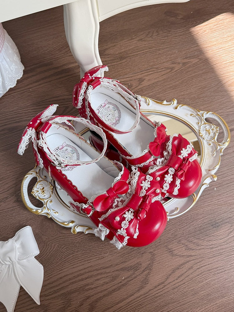 - Shoes Top Round-Toe Bow Red Lace-Trimmed at Sweet Heart Snap Low-heel Lolita