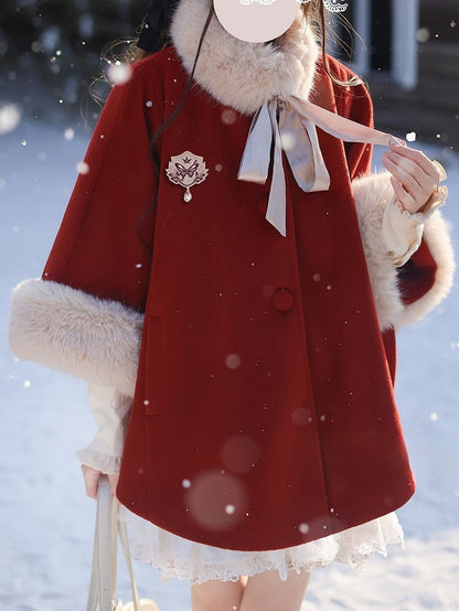 Christmas Red Wool Cape Coat with Shaggy Collar and Cuffs