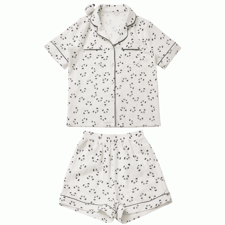 Allover Panda Print Shirt Elastische Pyjamas Set Rand Beige Kragen Shorts Scalloped + Taille