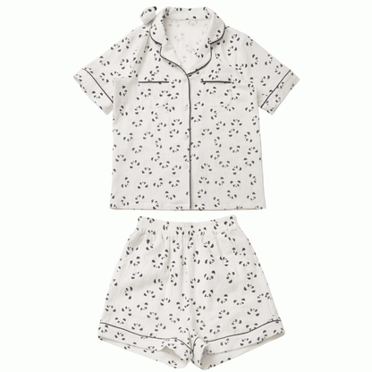 Collar + Allover Panda Print Shirt Shorts Beige Elastic Waist Edge Pajamas Set Scalloped