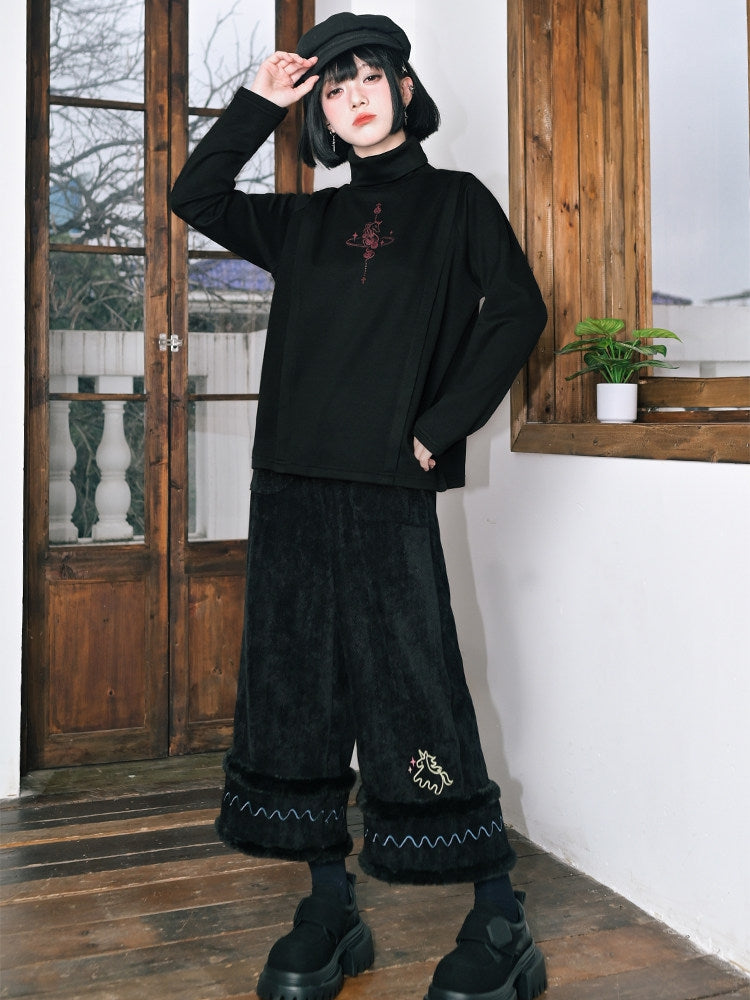 Black High-Waisted Wide-Leg Pants with Pony Embroidery & Fur Hem - Quirky Hut