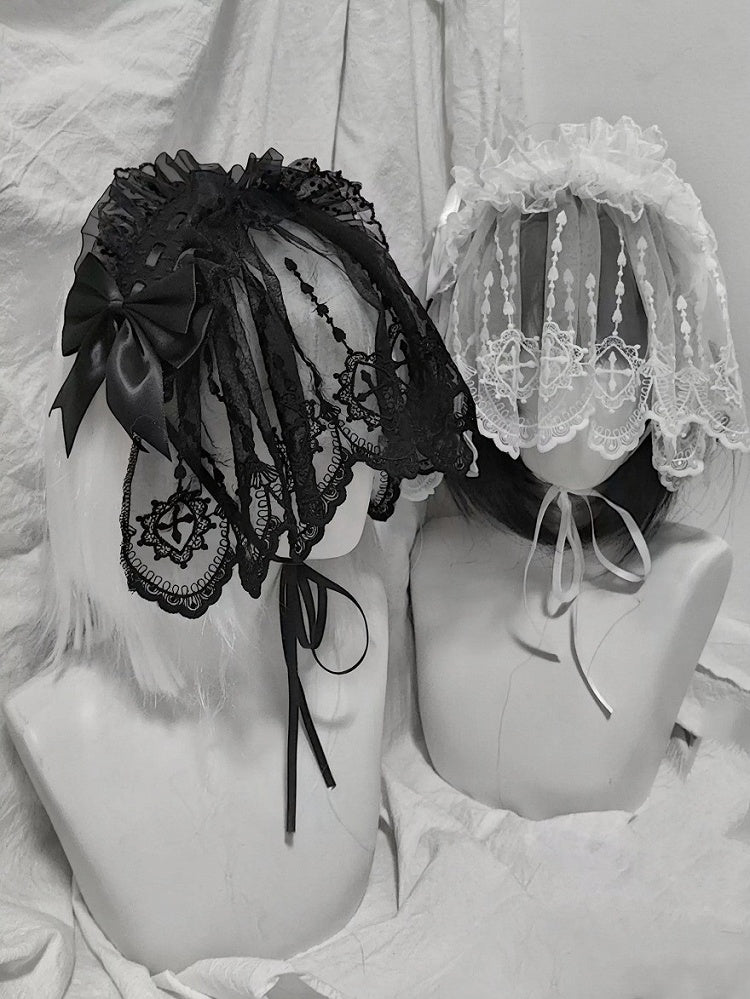 Dual-Tone Gothic Ribbon Headband with Lace and Bow - Dokisuru