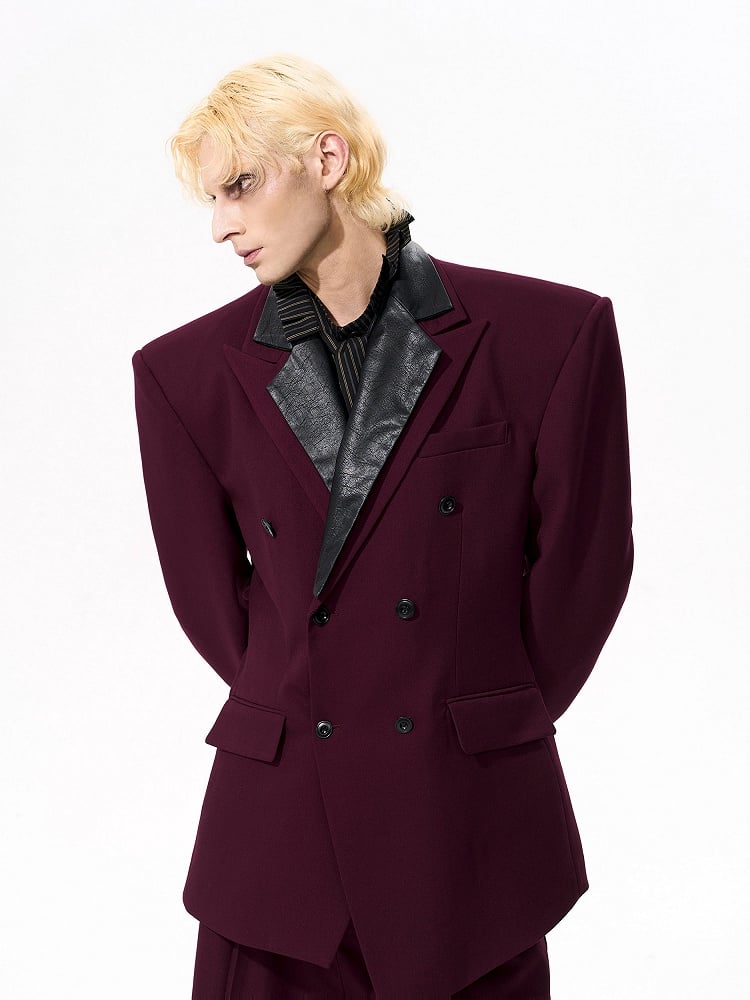 Detachable Men's Front with Placket Wine Collar Button Leather Red Blazer