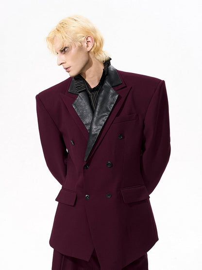 Detachable Men's Front with Placket Wine Collar Button Leather Red Blazer
