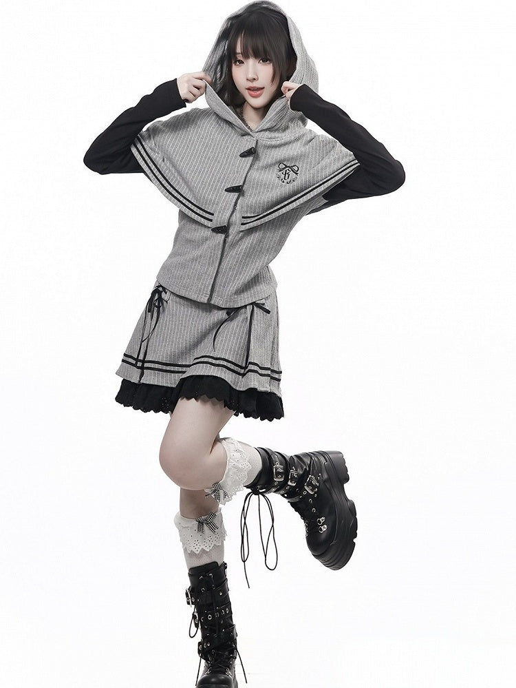 Vintage Kawaii Grey Knit Skirt with Lace Trim & Lace-Up Detailing - PINK SAVIOR