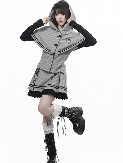 Vintage Kawaii Grey Knit Skirt with Lace Trim & Lace-Up Detailing - PINK SAVIOR