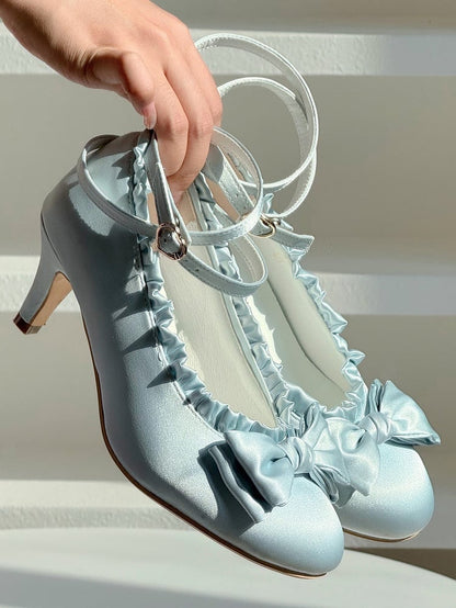 Trim Lolita Ruffles Sophisticated Blue Satin Straps Mid - Heels Convertible with Ankle