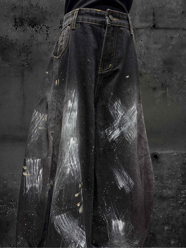 Distressed Graffiti Jeans Paint Wide-Leg and with Black Splatter Cross