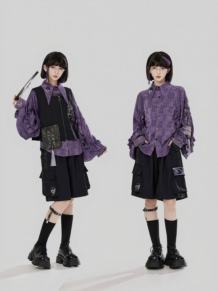 Style Chinese Side Embroidery with Shorts Pockets Black