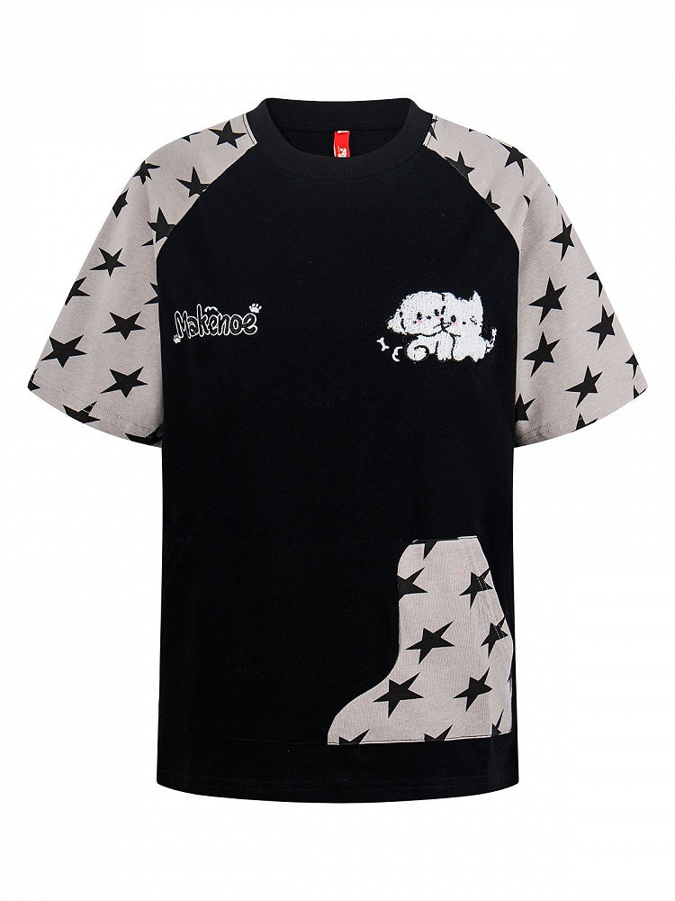 Black Star Print Short Sleeve Tee with Cat Embroidery - Languid Park