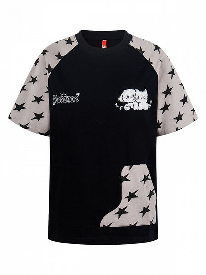 Black Star Print Short Sleeve Tee with Cat Embroidery - Languid Park