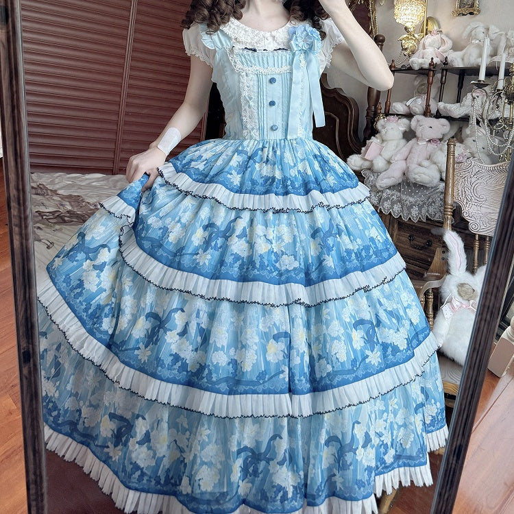 Blue Classic Lolita JSK Dress with Narcissus Print Hem - Flower Ferry Lolita