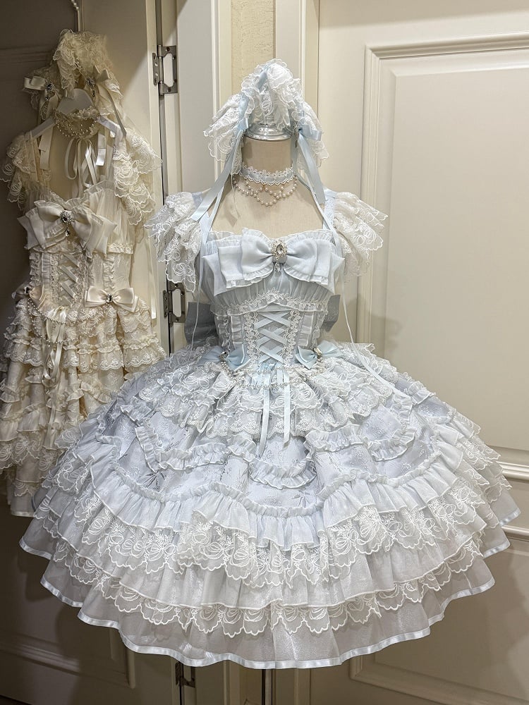 Hanayome-Style Lace Blue Dress Bows Details Multi-Layer Rhinestone Elegant JSK with Lolita