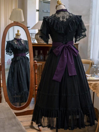 Lolita Schmetterlingsgürtel Schwarzes Kleid Taille Elegant Klassisch mit Ärmeln Illusion Ausschnitt Lila Edward