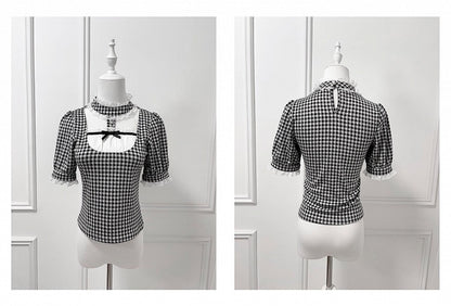 Blouse Jirai Kei Black and White Plaid Banded Collar Cutout Front Short Sleeves