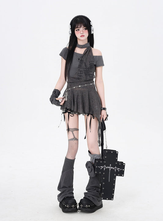 and Dress All-in-one Glamorous Mini Punk Gray Asymmetrical Neckline and Choker Hem