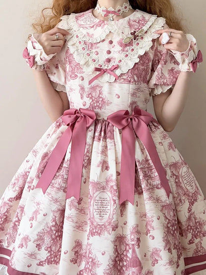 Peter Lolita Rosa Kleid Ärmel Kurz Print Trauben Kragen Pfanne