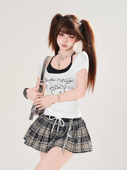 Black Drawstring Waist Mini Plaid Skirt