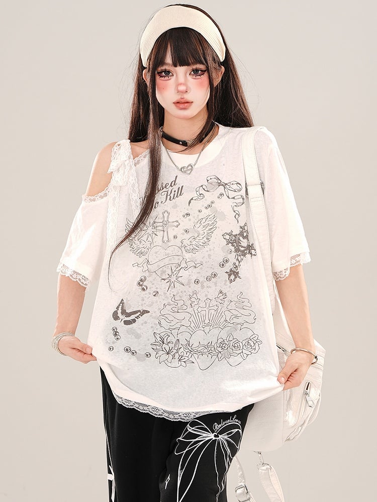White Cutout Shoulder Lace Trim Loose Graphic T-shirt