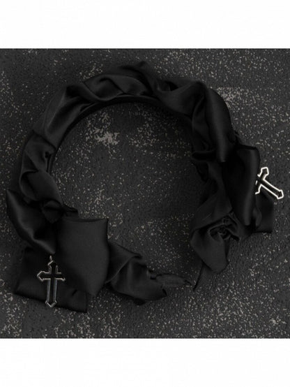 Black Ruffled KC Headpiece with Cross Pendant - Strange Sugar