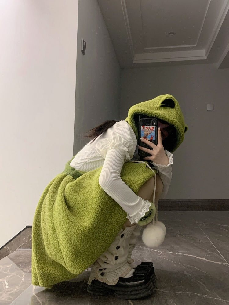 リトルフロッグ グリーン バブルスカート フリース 冬用オーバーオールドレス