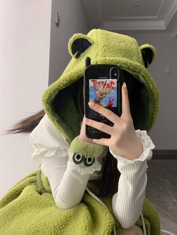 リトルフロッグ グリーン フリース 取り外し可能帽子