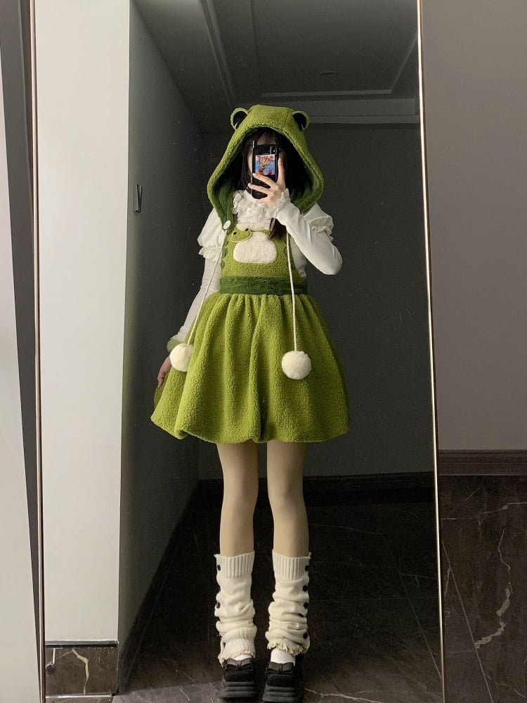 リトルフロッグ グリーン フリース 取り外し可能帽子