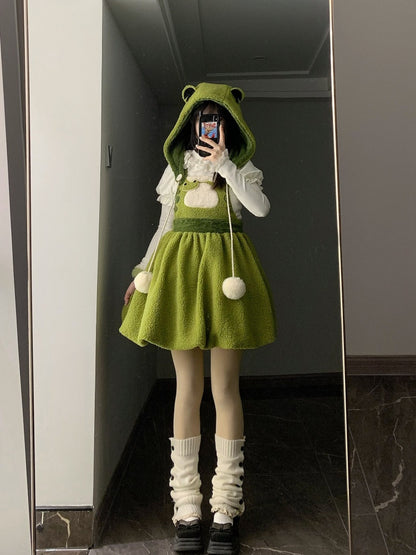 リトルフロッグ グリーン バブルスカート フリース 冬用オーバーオールドレス