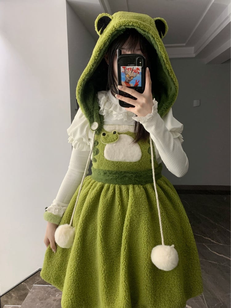 リトルフロッグ グリーン フリース 取り外し可能帽子